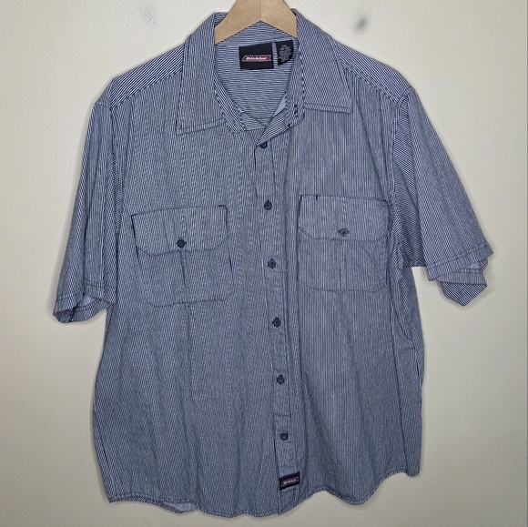 Dickies | Dark Blue White Railroad Stripe Short Sleeve Button Up Shirt Size 2XL - Picture 1 of 5